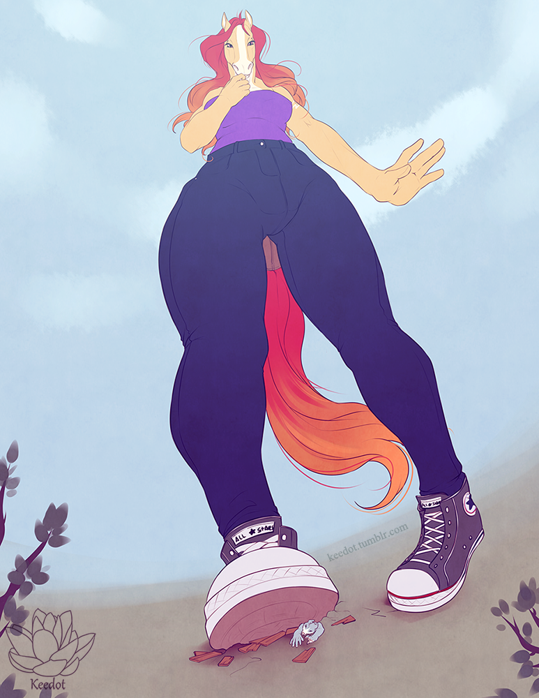 anthro bottomwear broken_object clothing denim denim_bottomwear denim_clothing duo extreme_size_difference female footwear hair jeans larger_female long_hair long_tail looking_down looking_down_at_another male mane mane_hair micro micro_male pants plant shirt shoes size_difference sky smaller_male stomped tail topwear tree underfoot undershirt keedot jeneva_thunder canid canine canis domestic_dog equid equine horse husky mammal nordic_sled_dog spitz