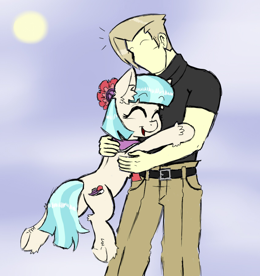 belt blonde_hair blue_hair clothing cloud collar cutie_mark duo female hair hug male multicolored_hair outside sky skyscape standing sun two_tone_hair ichibangravity friendship_is_magic hasbro my_little_pony coco_pommel_(mlp) earth_pony equid equine horse human mammal pony 2014