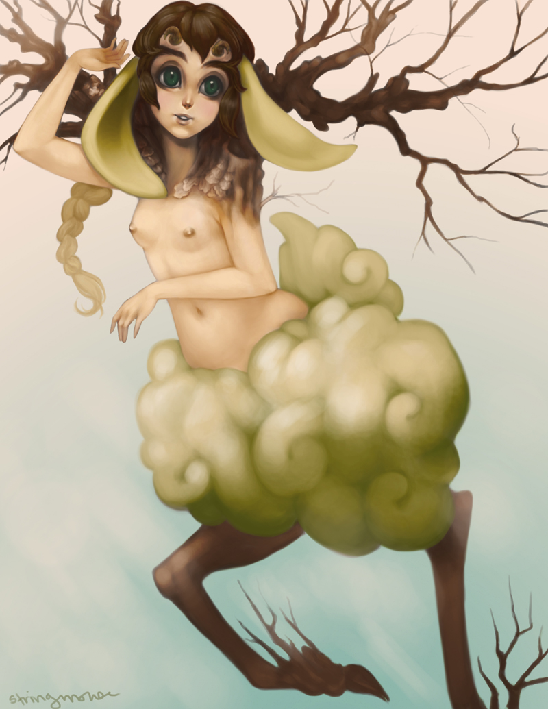 branch breasts brown_hair female goat_ears green_eyes hair horn leaf nipples nude plant solo stringmouse fileece elemental_creature flora_fauna humanoid nature_spirit satyr