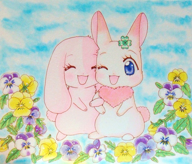 anthro chest_tuft duo eyelashes eyes_closed female feral flower fur heart_symbol japanese one_eye_closed pink_body pink_fur plant purple_eyes tuft white_body white_fur wink yokki_(pixiv) happy_happy_clover pixiv sayuri_tatsuyama clover_(happy_happy_clover) mallow_(happy_happy_clover) domestic_rabbit lagomorph leporid lop_rabbit mammal oryctolagus rabbit