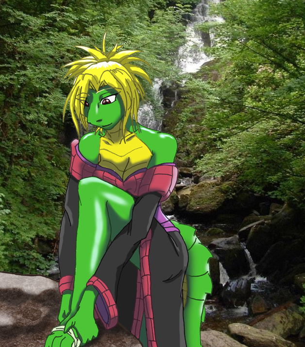 anthro clothed clothing detailed_background forest plant showing_leg solo tree water avencri cela crocodile crocodilian reptile scalie