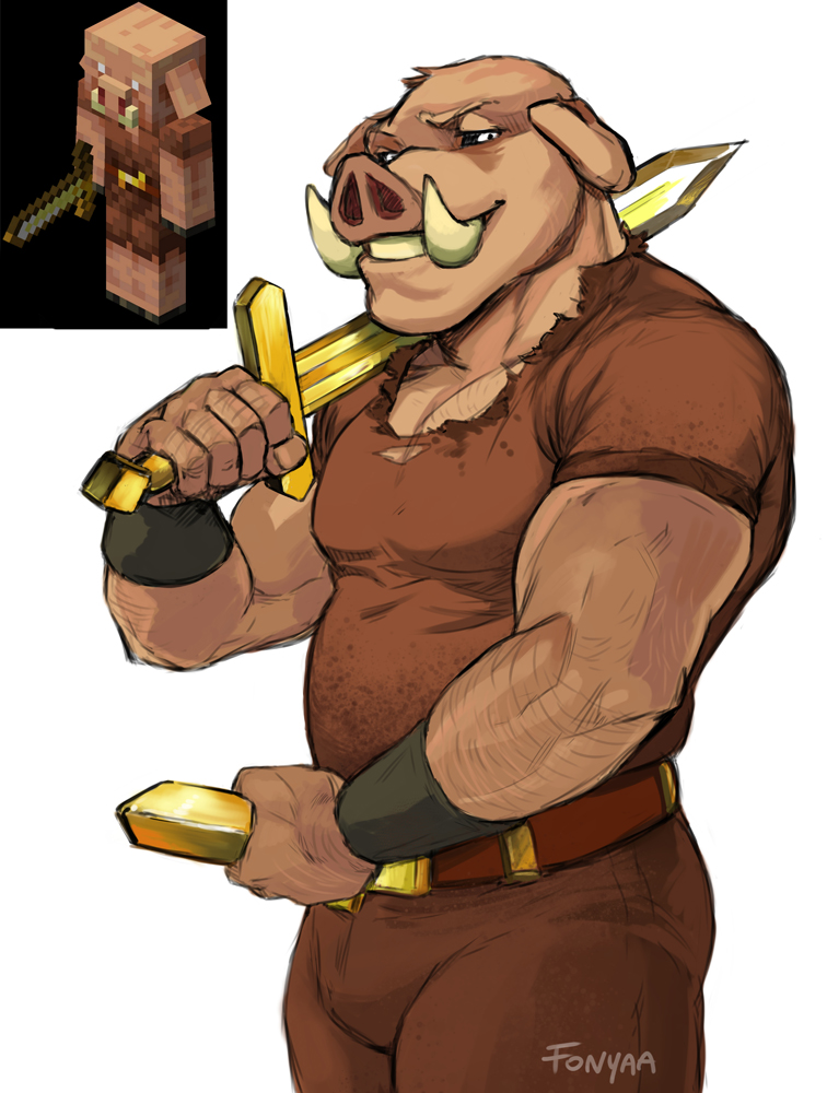 anthro belt bottomwear clothed clothing fully_clothed gold_(metal) golden_sword looking_at_viewer male melee_weapon muscular muscular_anthro muscular_male pants shirt slightly_chubby smile snout solo sword topwear tusks weapon fonyaa microsoft minecraft mojang xbox_game_studios mammal piglin suine portrait three-quarter_portrait