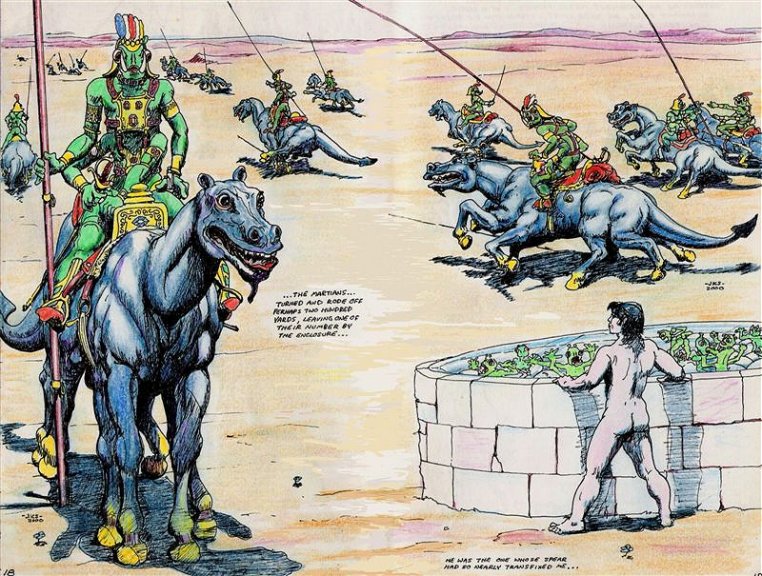 feral group horseback male mount nude ranged_weapon riding saddle tusks weapon edgar_rice_burroughs james_killian_spratt a_princess_of_mars john_carter tars_tarkas alien green_martian human mammal thark thoat 2000 comic traditional_media_(artwork)