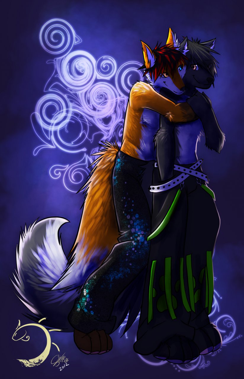 anthro backwards_hug bottomwear clothed clothing duo heterochromia love male pants smile tail topless shynjy ash_harden nanabi_ashiro canid canine canis fox hybrid mammal mephitid skunk wolf 2012 hi_res