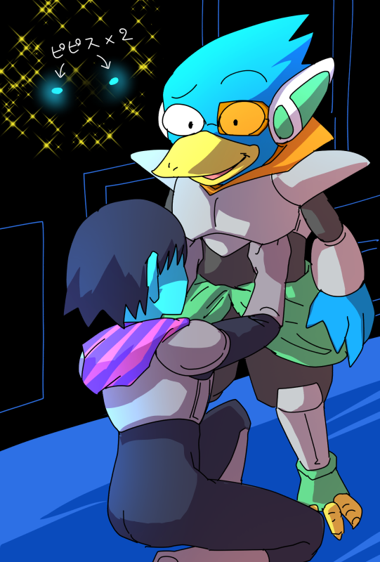 ambiguous_gender anthro armor blue_body blue_feathers checking duo feathers humor male pipis_(deltarune) undergerbil deltarune undertale_(series) berdly kris_(deltarune) avian bird human mammal