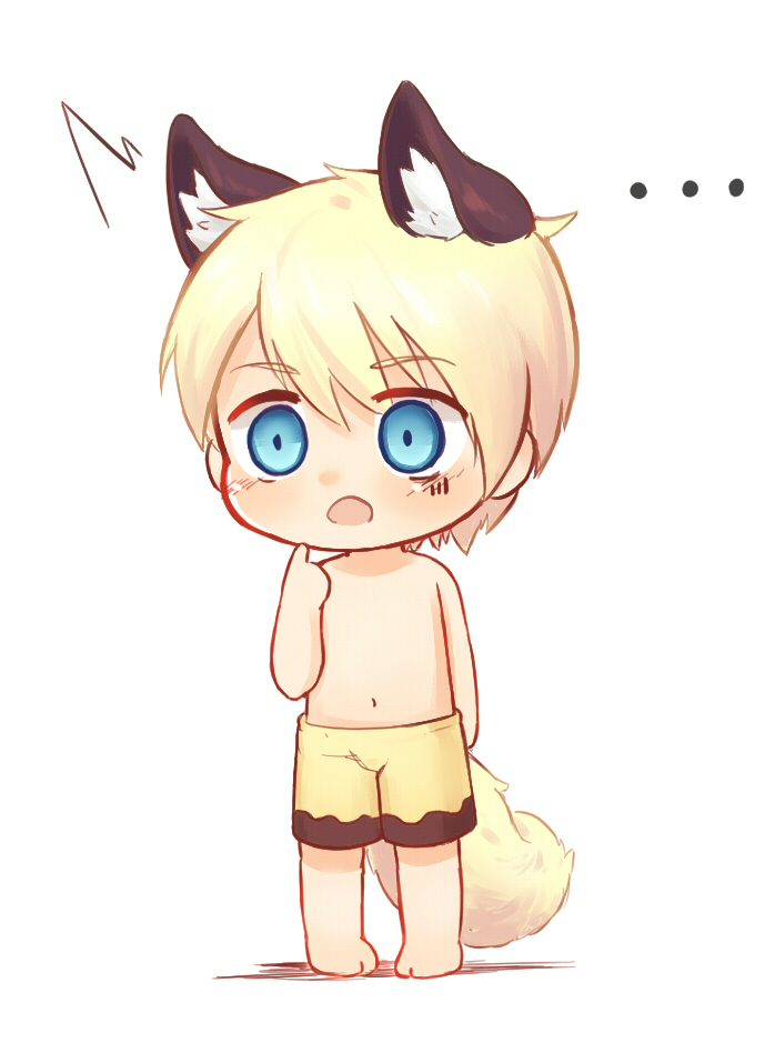 blonde_hair blue_eyes bottomwear chibi clothed clothing ellipsis hair male navel short_hair shorts simple_background solo standing topless white_background young bokustar_fox animal_humanoid canid canid_humanoid canine canine_humanoid fox_humanoid humanoid mammal mammal_humanoid 2017