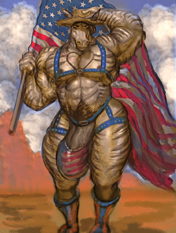 american_flag anthro big_bulge bulge clothed clothing flag harness hat headgear headwear heart_symbol male muscular muscular_anthro muscular_male nipples patriotism pecs politics solo stripper united_states_of_america hohohonse equid equine mammal zebra