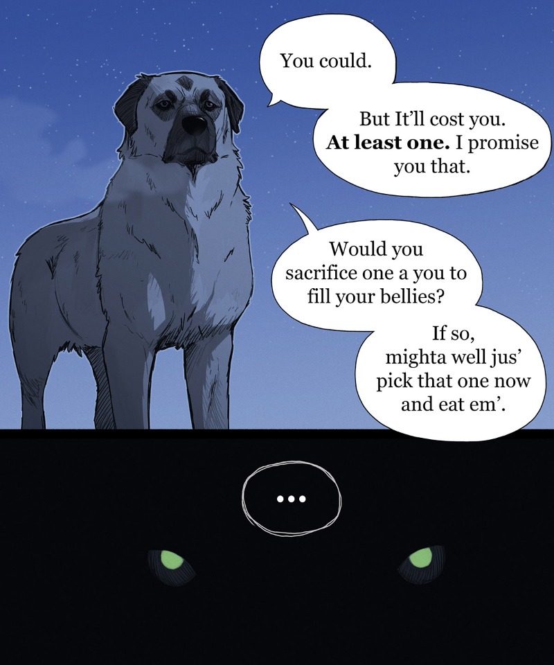 dialogue forest looking_at_viewer night outside plant sky solo star text tree whiskers pet_foolery canid canine canis domestic_dog mammal 5:6 comic english_text