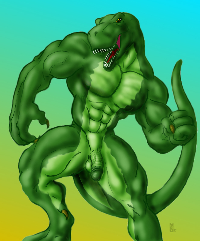 abs anthro athletic balls biceps big_muscles biped circumcised claws fangs flaccid flexing genitals green_body green_skin humanoid_genitalia humanoid_penis male muscular muscular_anthro muscular_male nude open_mouth orange_eyes pecs penis pose presenting scales solo standing tail teeth tongue vein sudonym dinosaur prehistoric_species reptile scalie theropod tyrannosaurid tyrannosauroid tyrannosaurus tyrannosaurus_rex