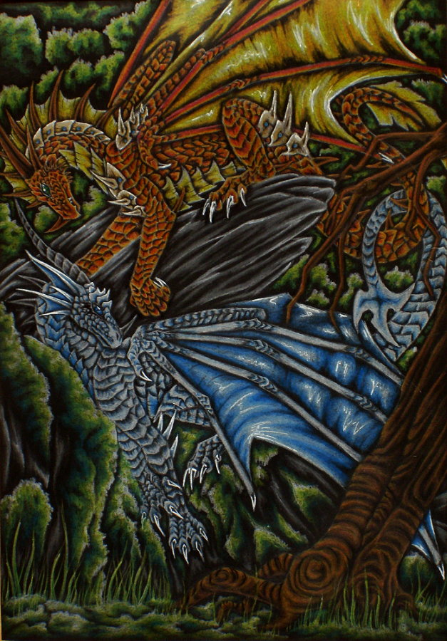 ambiguous_gender blue_body blue_membrane blue_scales branch claws digitigrade duo feral forest horn lovers_moment membrane_(anatomy) membranous_wings orange_body orange_scales plant quadruped rock scales tail tree wings yellow_body yellow_membrane yellow_scales selianth mythology dragon mythological_creature mythological_scalie scalie