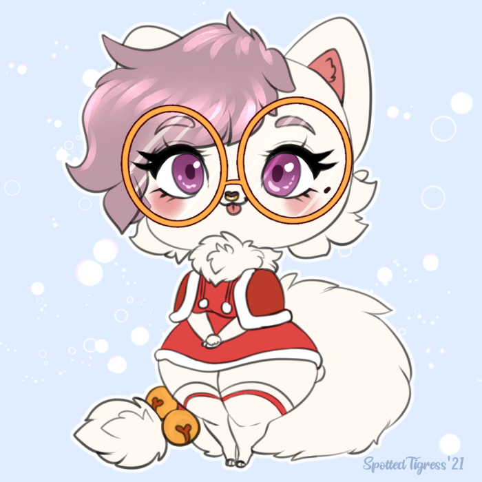 accessory anthro bell blep cheek_tuft chibi closed_smile clothed clothing eyewear facial_tuft female fur furgonomics glasses hair legwear mouth_closed neck_tuft purple_eyes purple_hair red_clothing red_topwear round_glasses short_hair simple_background smile solo standing tail tail_accessory tail_bell tongue tongue_out topwear tuft white_body white_clothing white_fur white_legwear white_tail tiggybloom felid mammal 1:1