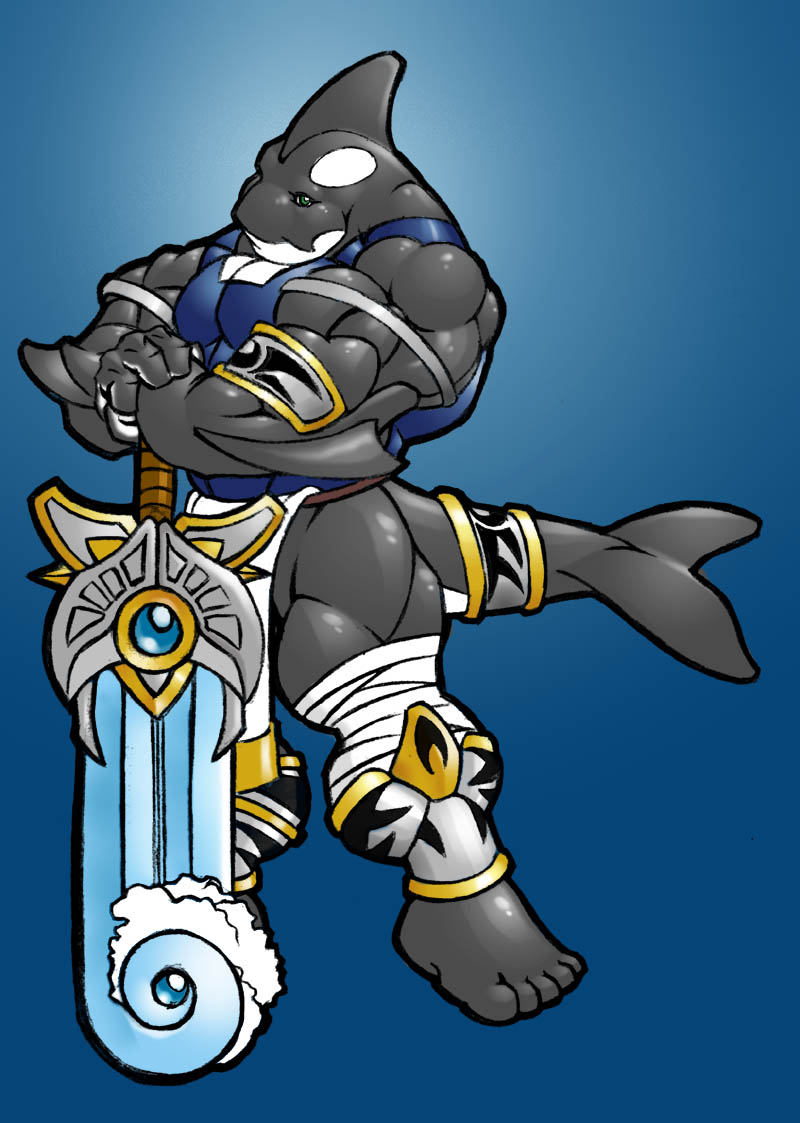 anthro anthrofied armor biped green_eyes grin looking_at_viewer male melee_weapon muscular muscular_anthro muscular_male smile solo standing sword tail weapon tkc2021 cetacean dolphin mammal marine oceanic_dolphin orca toothed_whale