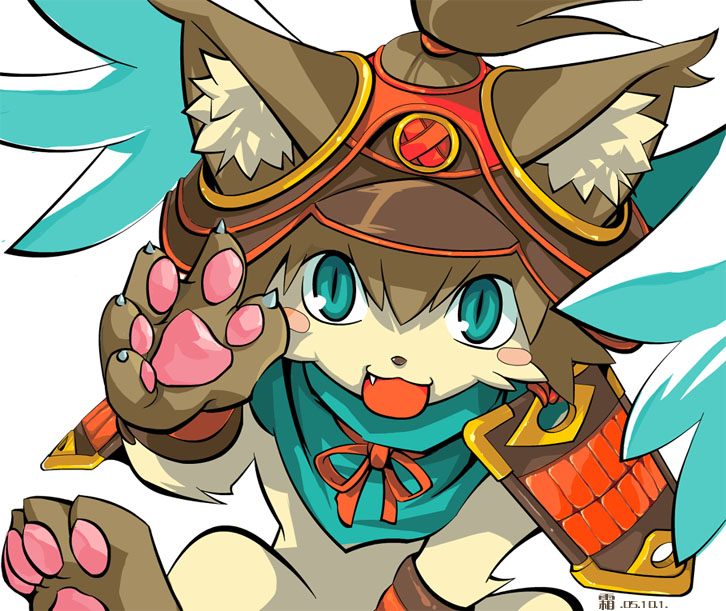 :d armor blue_eyes brown_hair brown_paws clothing feral fur hair hat headgear headwear male open_mouth pawpads paws samurai_armor smile sode solo tan_body tan_fur teeth tied_hair wings jeacn bandai_namco summon_night enzi_(summon_night) domestic_cat felid feline felis mammal