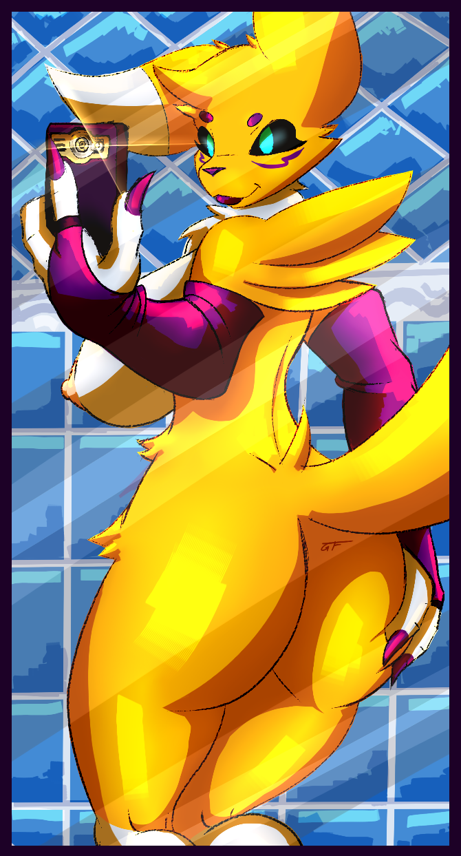 anthro big_breasts big_butt border breasts butt female nipples purple_border solo gf bandai_namco digimon canid canine digimon_(species) mammal renamon hi_res