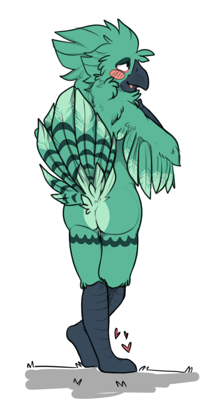 anthro beak biped blush butt feathers heart_symbol male pose scales solo standing oovie_(artist) zaida_(artist) oovie anatid anseriform avian bird cockatoo duck hybrid parrot