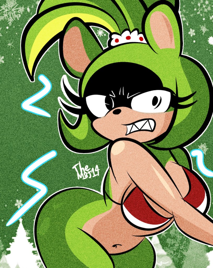 angry anthro big_breasts black_nose bottomless breasts clenched_teeth clothed clothing electricity eyelashes female fur green_background green_body green_fur green_hair hair holidays leaning leaning_forward looking_at_viewer navel outline sharp_teeth simple_background solo standing teeth thick_thighs topwear topwear_only white_outline wide_hips diego_mejia christmas idw_publishing sega sonic_the_hedgehog_(comics) sonic_the_hedgehog_(idw) sonic_the_hedgehog_(series) surge_the_tenrec afrosoricid mammal tenrec