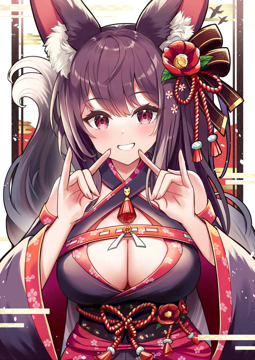 accessory asian_clothing big_breasts breasts cleavage cleavage_cutout clothed clothing cutout east_asian_clothing female fox_shadow_puppet gesture grin hair_accessory halter_top japanese_clothing looking_at_viewer obi red_eyes smile solo sakura_ani animal_humanoid canid canid_humanoid canine canine_humanoid fox_humanoid humanoid mammal mammal_humanoid 2023 hi_res