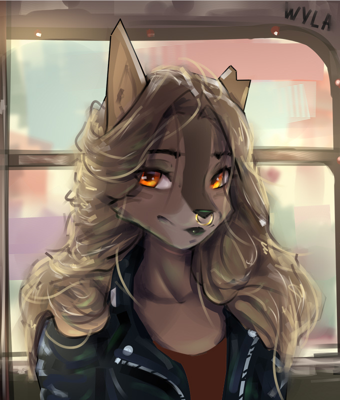 anthro clipped_ear clothing facial_piercing female jacket leather leather_clothing leather_jacket leather_topwear nose_piercing nose_ring piercing ring_piercing septum_piercing septum_ring smile solo topwear welive wyla_(character) canid canine canis mammal wolf portrait