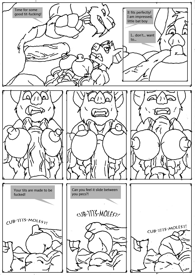 anthro dialogue duo foreskin genitals male male/male muscular pecjob pecs penis profanity sex text kumbartha blue_sky_studios ice_age_(series) diego_(ice_age) bat felid mammal prehistoric_species saber-toothed_tiger comic english_text greyscale monochrome