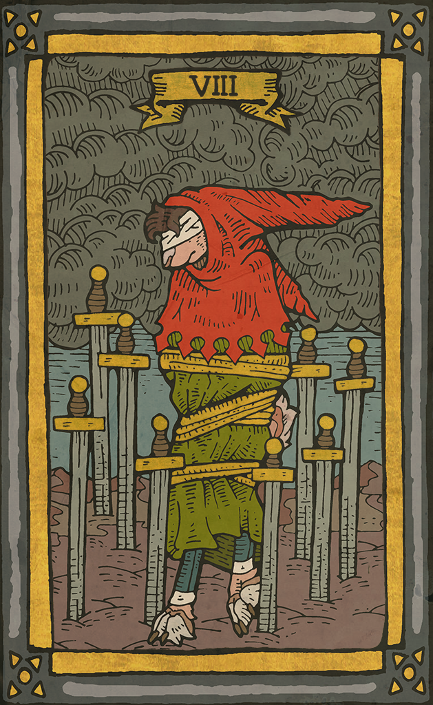 ambiguous_gender anthro blindfold bound card card_template clothed clothing cloud eight_of_swords_(tarot) fortune_telling fur hair melee_weapon minor_arcana outside roman_numeral sky solo standing sword swords_(tarot) tarot tarot_card weapon musorok lagomorph leporid mammal rabbit 2019 digital_media_(artwork)