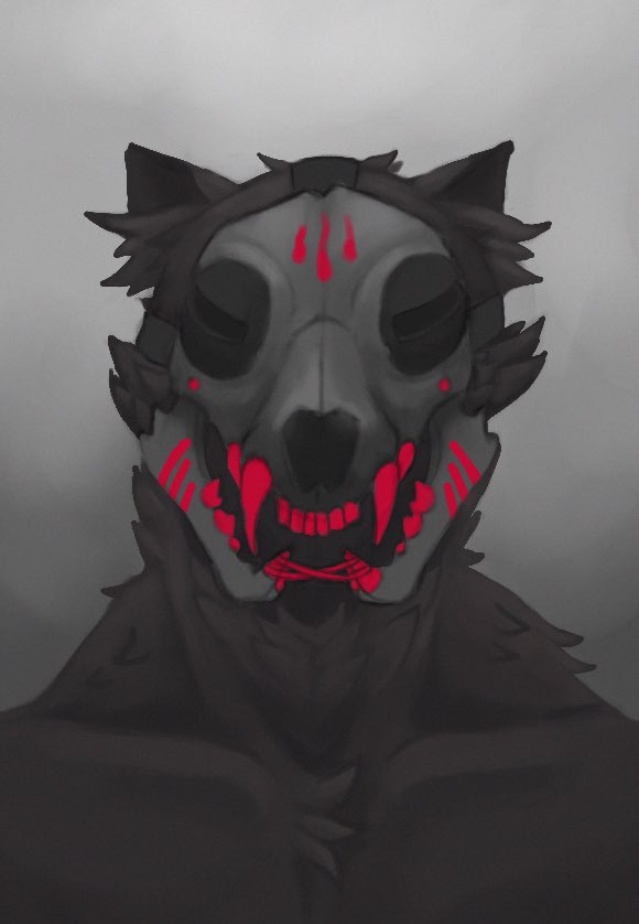 anterior_nasal_aperture anthro black_body black_ears black_fur black_straps black_tuft bone cheek_tuft chest_tuft clothed clothing collarbone deltoids facial_tuft fangs front_view fur grey_back head_tuft male male_anthro mask neck_tuft paint pecs pointy_ears prick_ears red_face_paint red_paint red_teeth sharp_teeth simple_background skull skull_mask solo split_jaw straps teeth topless topless_anthro topless_male tuft possumcrimes canid mammal 2020 bust_portrait digital_media_(artwork) digital_painting_(artwork) portrait