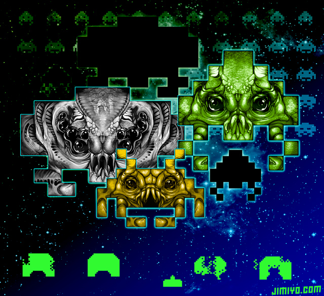 fangs green_body green_skin grey_body grey_skin multi_eye not_furry teeth text yellow_body yellow_skin jimiyo space_invaders square_enix taito laser_cannon_(space_invaders) alien crab_(space_invaders) octopus_(space_invaders) squid_(space_invaders) digital_media_(artwork) pixel_(artwork) url watermark