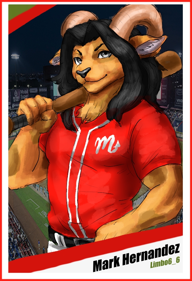 2_horns anthro baseball_bat bat_(object) belt black_belt black_hair black_nose clothing fur grey_eyes hair horn long_hair male markings mexican orange_body orange_fur red_clothing red_shirt red_t-shirt red_topwear shirt solo spots spotted_body stadium t-shirt topwear limbo6_6 bovid caprine goat mammal