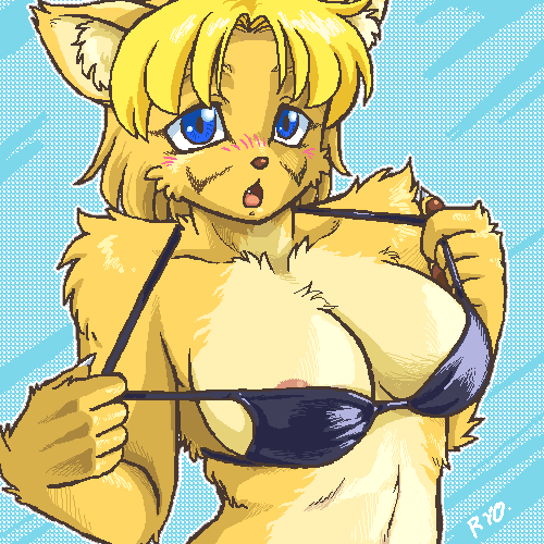 anthro areola areola_slip big_breasts bikini blonde_hair blue_eyes blush bra breasts claws cleavage clothed clothing fangs female hair looking_at_viewer skimpy solo swimwear teasing teeth tongue two-piece_swimsuit underwear ryou al_(ryou) canid canine canis domestic_dog mammal 1:1 digital_media_(artwork) low_res oekaki