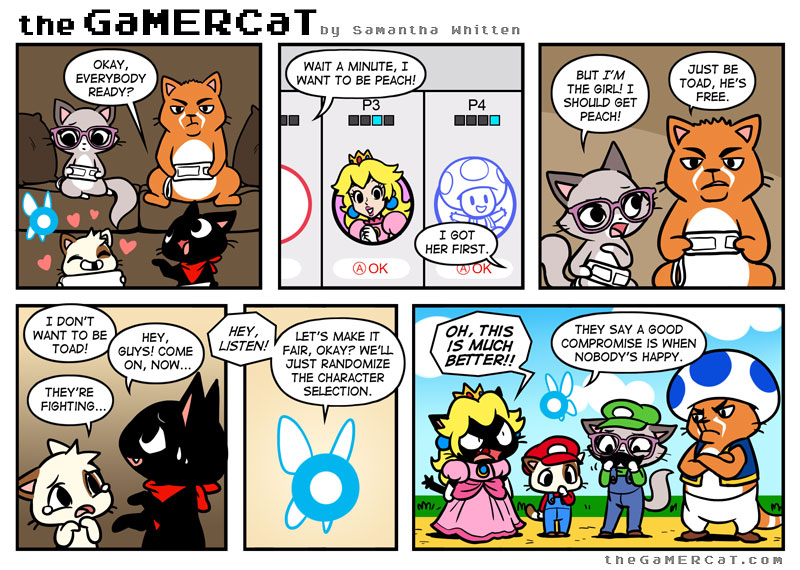 anthro argument black_body black_fur bodily_fluids clothed clothing dialogue eyewear female fur glasses group hair male open_mouth six_frame_image slightly_chubby smile speech_bubble tears text young young_anthro samantha_whitten mario_bros nintendo ocarina_of_time the_gamercat the_legend_of_zelda gamercat_(character) glitch_(the_gamercat) navi pixel_(the_gamercat) sweet_(the_gamercat) domestic_cat felid feline felis mammal 2014 comic digital_media_(artwork) english_text url