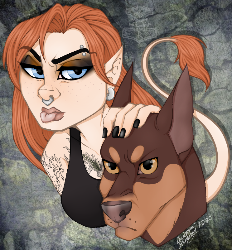 duo female feral humanoid_pointy_ears piercing pointy_ears tattoo mossyhuldra mossy canid canine canis dobermann domestic_dog huldra humanoid mammal pinscher