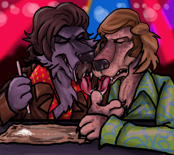 1970s_theme anthro clothed clothing cocaine disco drugs duo fur hair leisure_suit licking male male/male suit tongue tongue_out kaenhoushaki canid canine canis domestic_dog mammal digital_media_(artwork) unavailable_at_source