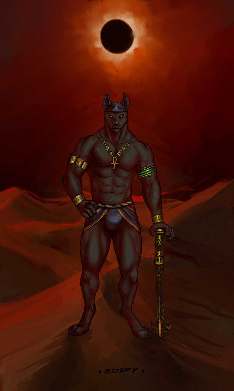 abs anthro black_body black_fur black_sclera bottomwear bracelet bulge clothing cuff_(restraint) desert eclipse forearm_bracelet forearms fur hand_on_hip jewelry loincloth looking_at_viewer male muscular muscular_anthro muscular_male navel necklace outside pecs restraints solar_eclipse solo staff standing wrist_cuffs yellow_eyes edify anubian_jackal canid canine canis jackal mammal 3:5 hi_res