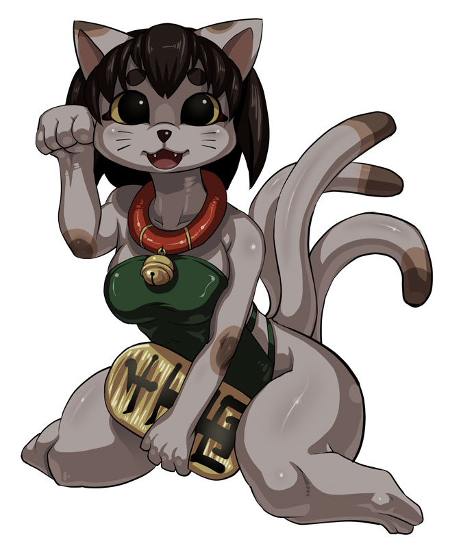 anthro bell biped clothed clothing collar female kneeling one-piece_swimsuit sideless_clothing sideless_swimsuit simple_background skimpy solo strapless_clothing strapless_swimwear swimwear tail white_background petaroh felid mammal