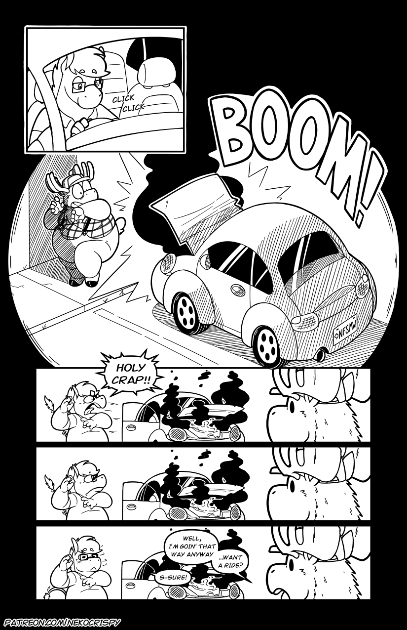 2_horns 5_fingers anthro antlers barefoot baseball_cap belly big_belly black_border black_line_art border car closed_frown closed_smile clothed clothing dialogue explosion eyewear feet fingers fully_clothed glasses hat headgear headwear hooves horn male moobs mouth_closed obese obese_anthro obese_male open_mouth outside overalls overweight overweight_anthro overweight_male pattern_clothing pattern_shirt pattern_topwear plaid plaid_clothing plaid_shirt plaid_topwear profanity raised_tail rectangular_glasses scut_tail shirt short_tail sitting smile smoke snout sound_effects speech_bubble standing stuttering tail tail_tuft text topwear tuft vehicle wearing_glasses nekocrispy francis_(nekocrispy) mac_(nekocrispy) asinus deer donkey equid equine mammal 2022 black_and_white comic digital_media_(artwork) english_text hi_res monochrome url