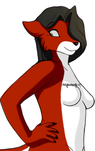 black_hair breasts chest_tattoo featureless_breasts female fur green_eyes grey_hair hair multicolored_body multicolored_fur red_body red_fur simple_background smile solo tattoo two_tone_body white_body white_fur alfa_wolf10! flare_(alfa_wolf10!) flare_rains canid canine canis mammal red_wolf wolf low_res portrait signature