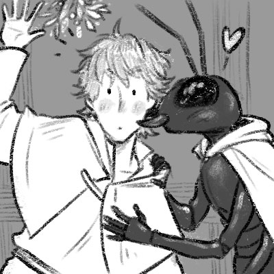 anthro blush cape carapace clothing compound_eyes duo emoji kissing_cheek male male/male mistletoe plant artsynada the_wandering_inn ant antinium arthropod human hymenopteran insect mammal 1:1 black_and_white low_res monochrome