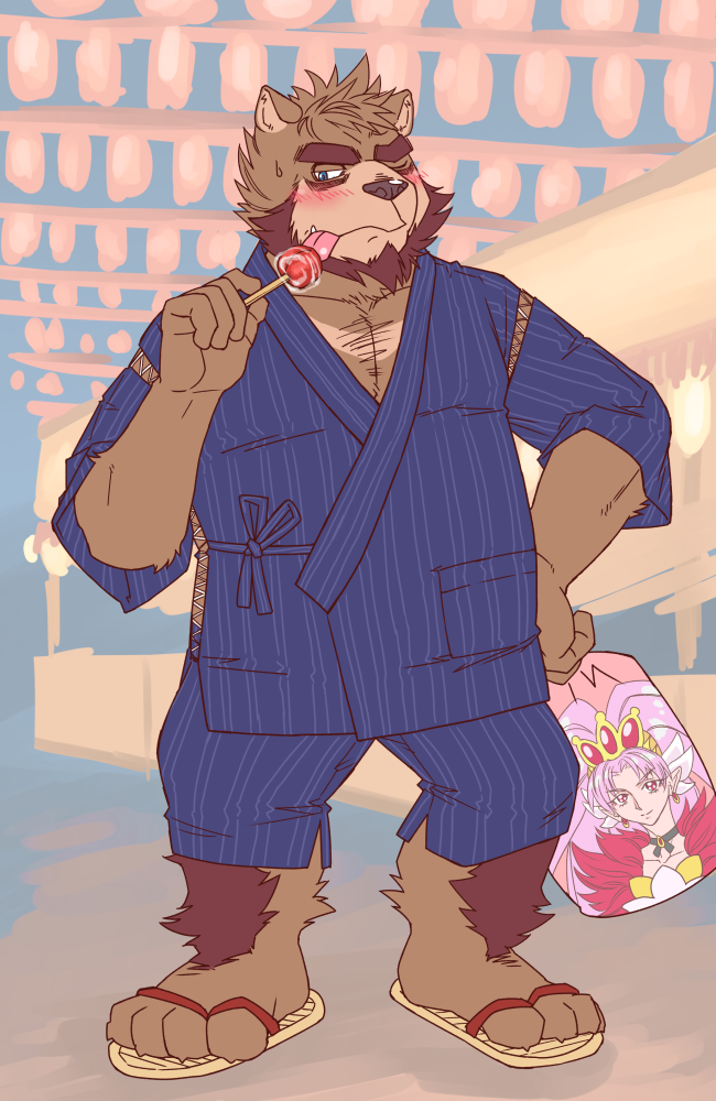 4_toes anthro beard blush bottomwear brown_body brown_fur clothing facial_hair feet flip_flops footwear fur kemono male outside sandals shirt shoes shorts slightly_chubby solo toes tongue tongue_out topwear ryuta-h bear mammal 2015