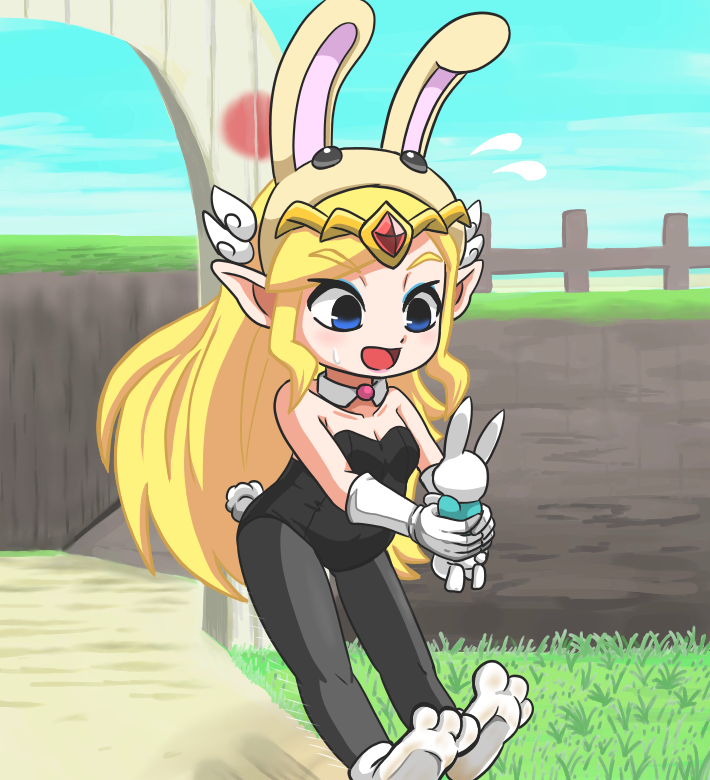 belly black_clothing blonde_hair blue_eyes blue_sky breasts bunny_costume clothing costume female gloves grass hair handwear headgear headwear humanoid_pointy_ears long_hair not_furry outside plant pointy_ears sky solo young unknown_artist nintendo spirit_tracks the_legend_of_zelda princess_zelda toon_zelda humanoid hylian lagomorph leporid mammal rabbit