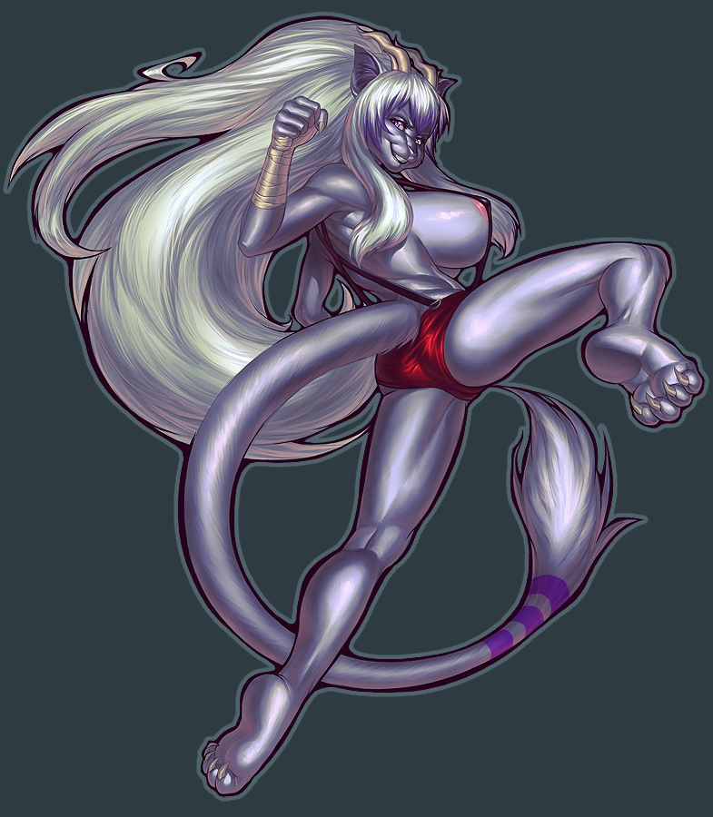 anthro areola bandage big_breasts breasts claws clothed clothing feet female fur grey_body grey_fur hair hindpaw horn huge_breasts long_hair looking_at_viewer looking_back nipples paws purple_eyes side_boob skimpy solo suspenders tail white_hair pirate-cashoo mythology vanga domestic_cat dragon felid feline felis furred_dragon furred_scalie hybrid mammal mythological_creature mythological_scalie scalie 2011