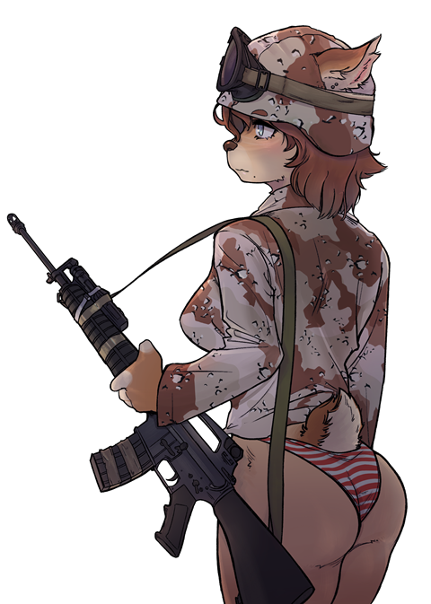 anthro assault_rifle butt camo camo_clothing camo_print camo_topwear clothing female gun m16 m16a2 pasgt pattern_clothing pattern_topwear ranged_weapon rifle solo topwear underwear weapon blookswashinda katya_(pistolpete) bear mammal