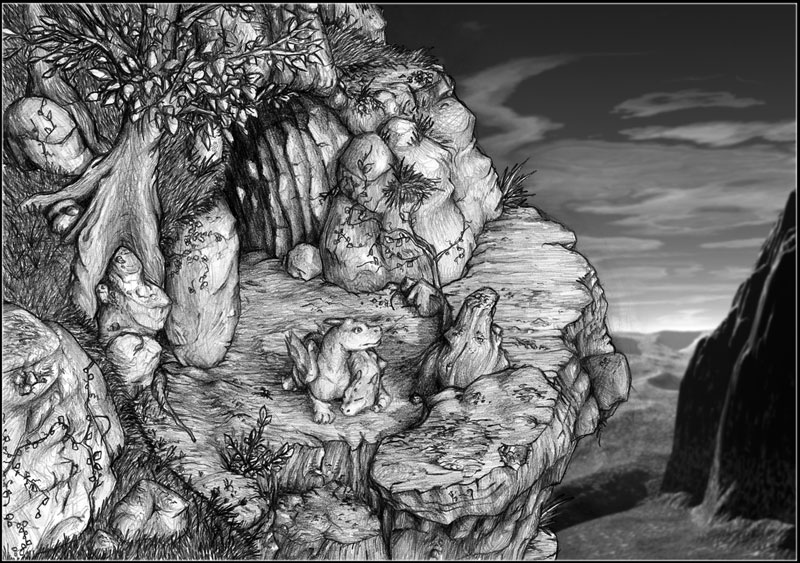 cave cliff cuddling detailed_background duo female feral male scenery ryoken mythology kaero_(kaerou) kartonis dragon mythological_creature mythological_scalie scalie greyscale monochrome