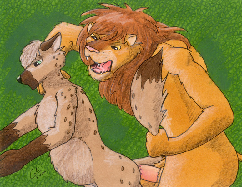 abdominal_bulge anthro duo erection fangs forced genitals green_eyes interspecies male male/male penis rape tail tail_grab teeth yellow_eyes guppy_(artist) felid hyena lion mammal pantherine spotted_hyena