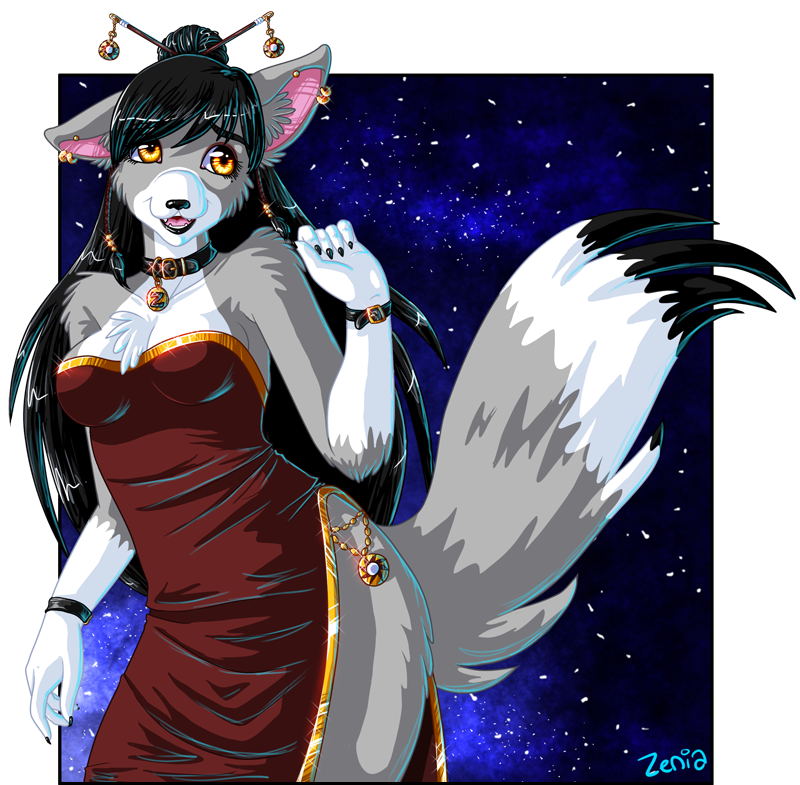 anthro asian_clothing black_hair black_lips chinese_clothing chinese_dress clothing dress ear_piercing east_asian_clothing female fur grey_body grey_fur hair lips piercing solo tail yellow_eyes zenia zenia_(character) canid canine canis mammal wolf alpha_channel