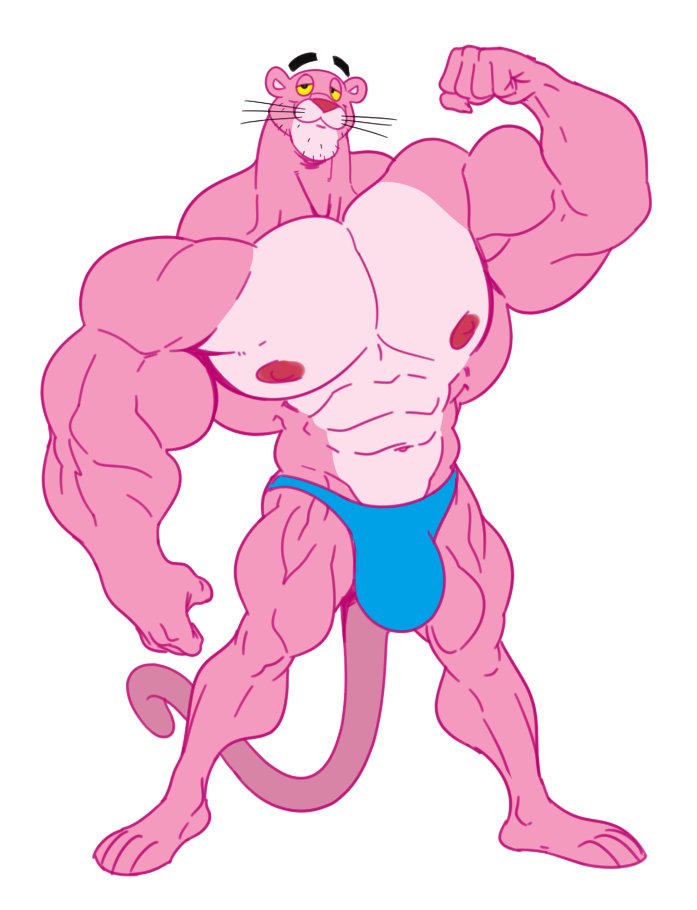 abs anthro areola big_bulge biped blue_clothing blue_thong blue_underwear bulge clothed clothing facial_hair feet flexing flexing_bicep fur half-closed_eyes huge_bulge male muscular muscular_anthro muscular_male narrowed_eyes nipples pecs pink_body pink_fur pose simple_background skimpy solo suggestive_look tail thong thong_only topless underwear underwear_only white_background yellow_sclera boosterpang pink_panther felid mammal pantherine