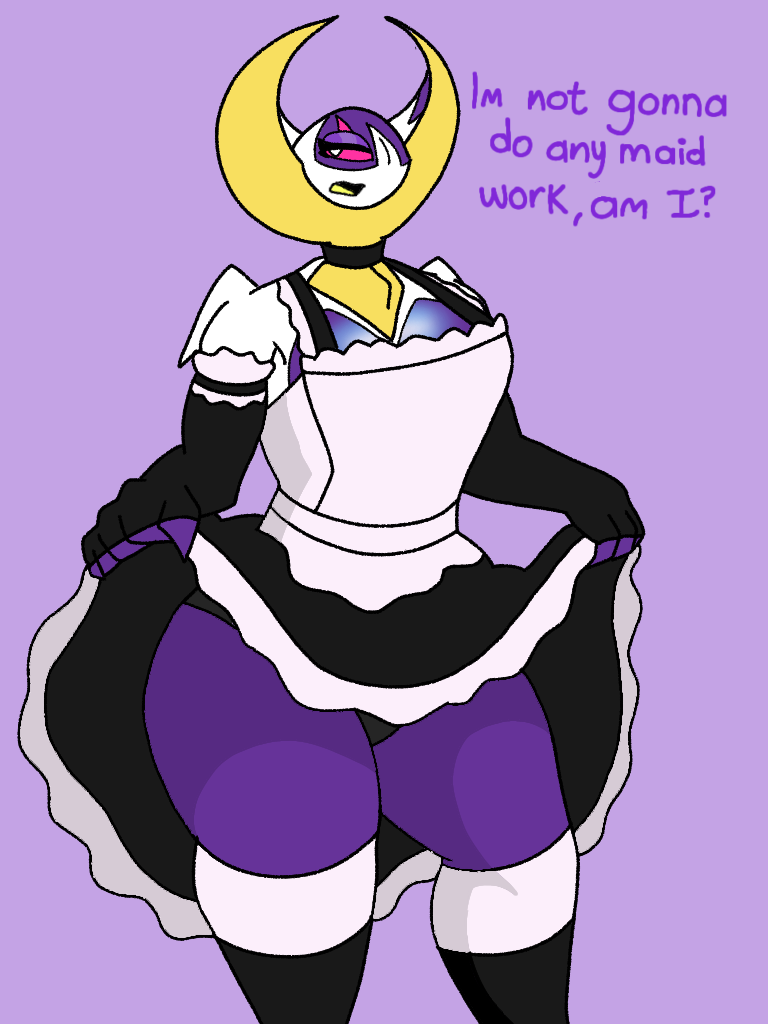 anthro anthrofied breasts clothed clothing eyeshadow female legwear maid_uniform makeup open_mouth purple_body simple_background solo text thick_thighs uniform wide_hips enderbendr nintendo pokemon luna_(endrslendr) bat generation_7_pokemon legendary_pokemon lunala mammal pokemon_(species) 3:4 digital_media_(artwork)