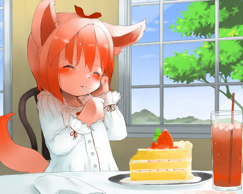 anthro biped blush cake chair clothed clothing container cup cutlery dessert drinking_straw eating eyes_closed female food fruit fur furniture glass hair ice kitchen_utensils mountain napkin outside pink_body pink_fur pink_hair plant plate ribbons short_hair sitting sky solo spoon strawberry table tail tools tree window wood wood_chair wood_furniture young young_anthro young_female fuyunon canid canine fox mammal 5:4