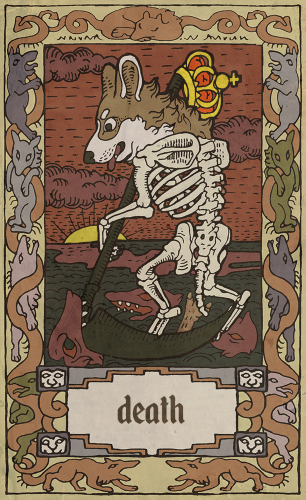 ambiguous_gender anthro bone card card_template cloud crown death_(tarot) fangs fortune_telling headgear major_arcana melee_weapon open_mouth polearm scythe skeleton sun tarot tarot_card teeth text tongue tongue_out weapon musorok death_(personification) hunger_mythos canid canine canis domestic_dog fish herding_dog mammal marine pastoral_dog welsh_corgi 2016 english_text