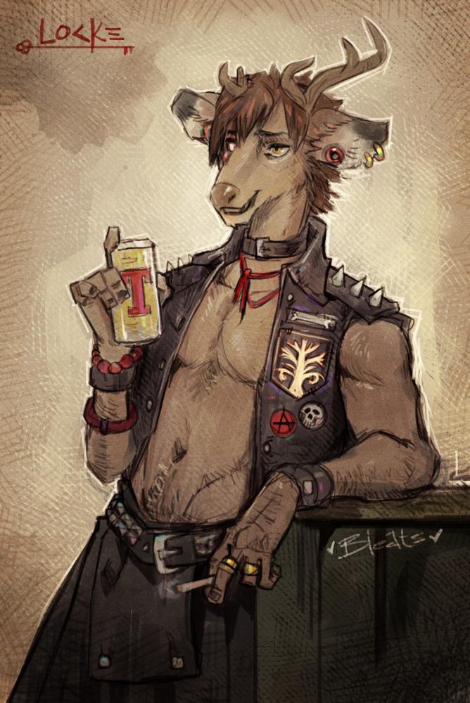 alcohol alternative_fashion anarchy_symbol anthro antlers beer belt beverage beverage_can bottomwear brown_body brown_fur brown_hair cigarette clothing collar denim denim_clothing denim_topwear denim_vest ear_piercing ear_ring fur gauged_ear hair half-closed_eyes horn kilt male narrowed_eyes piercing punk ring_piercing simple_background smile solo studded_belt studs topwear vest wristband bleats deer mammal 2022