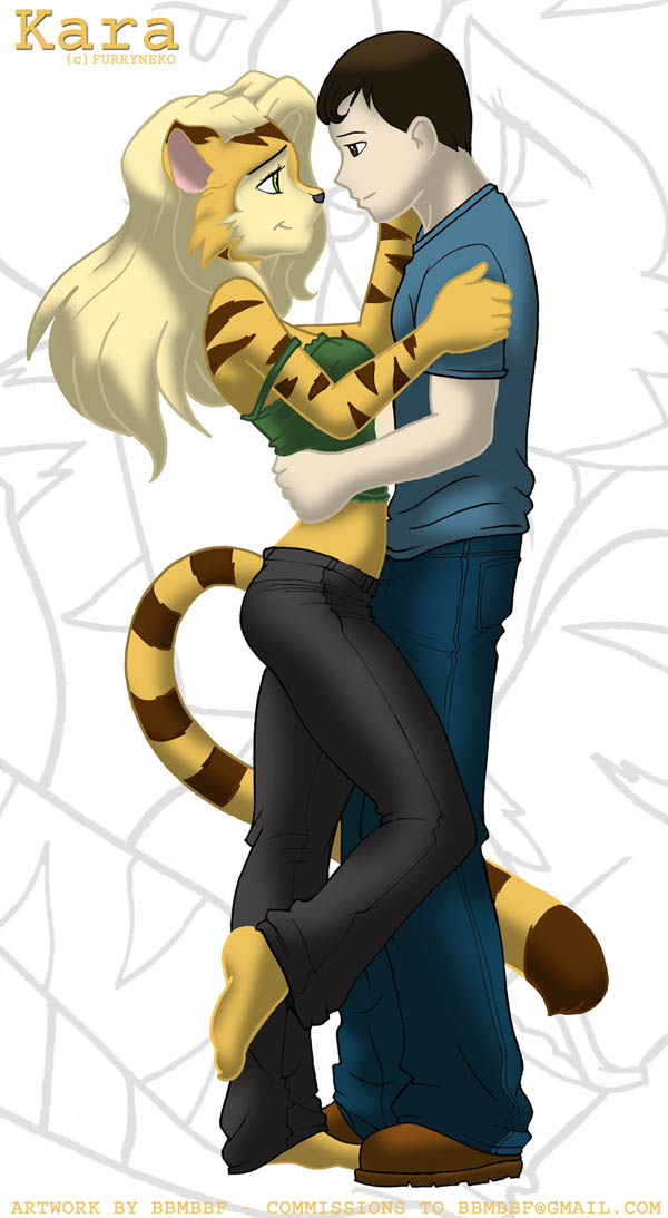 anthro blowup_background clothed clothing duo female female_on_human fur human_on_anthro interspecies male male/female male_on_anthro romantic romantic_couple simple_background tail avoid_posting bbmbbf furryneko kara_(furryneko) felid human mammal pantherine tiger digital_media_(artwork)