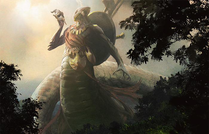 anthro apode cloud detailed_background forest legless macro male outside plant serpentine shield sky solo tree jaime_jones hasbro magic:_the_gathering wizards_of_the_coast draconcopode naga reptile scalie snake sultai 14:9 official_art